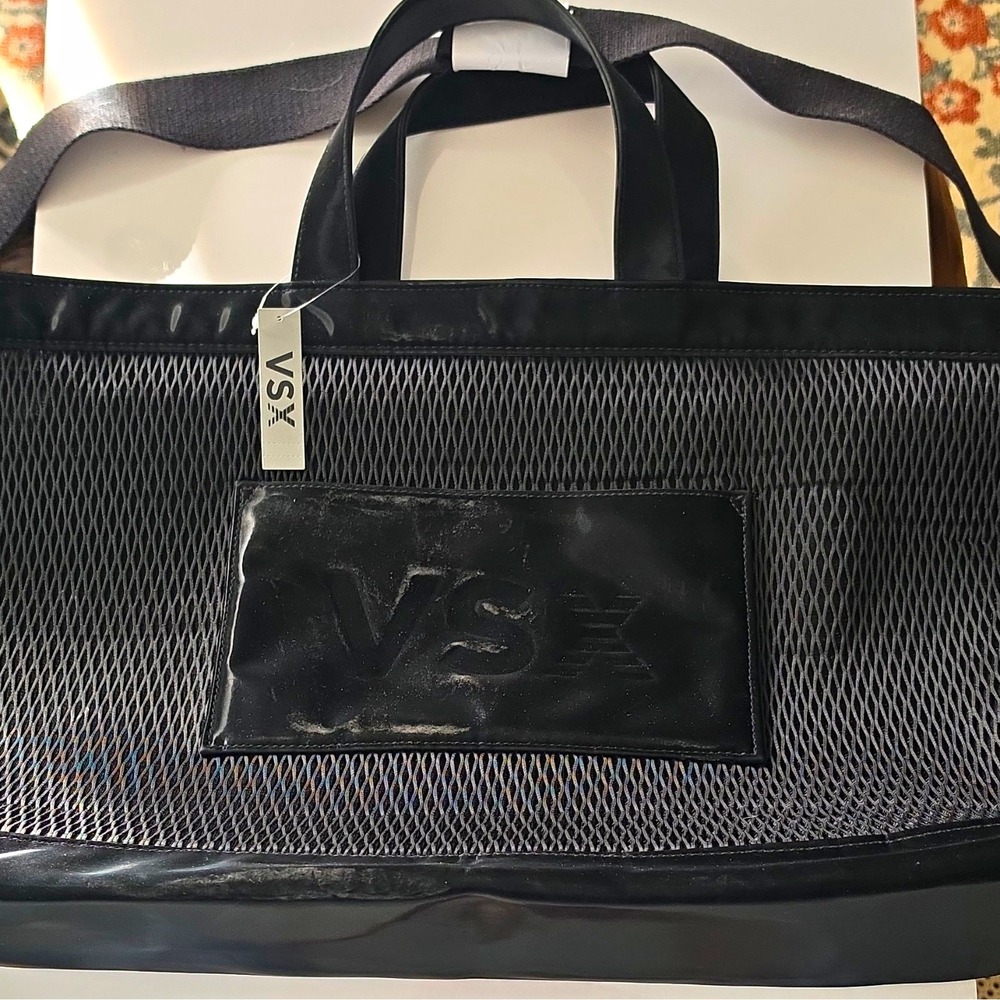 Victoria's Secret Womens Black Logo Tote Bag Shoulder Strap Zip Pockets Mesh